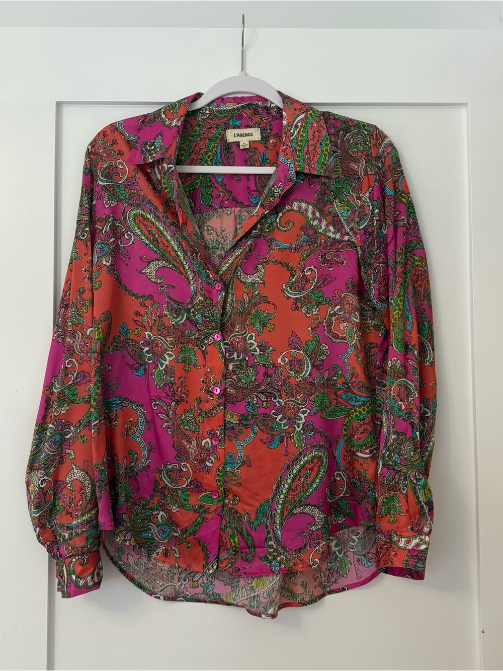 L'AGENCE Fuchsia & Orange Paisley Silk Button-Up Blouse